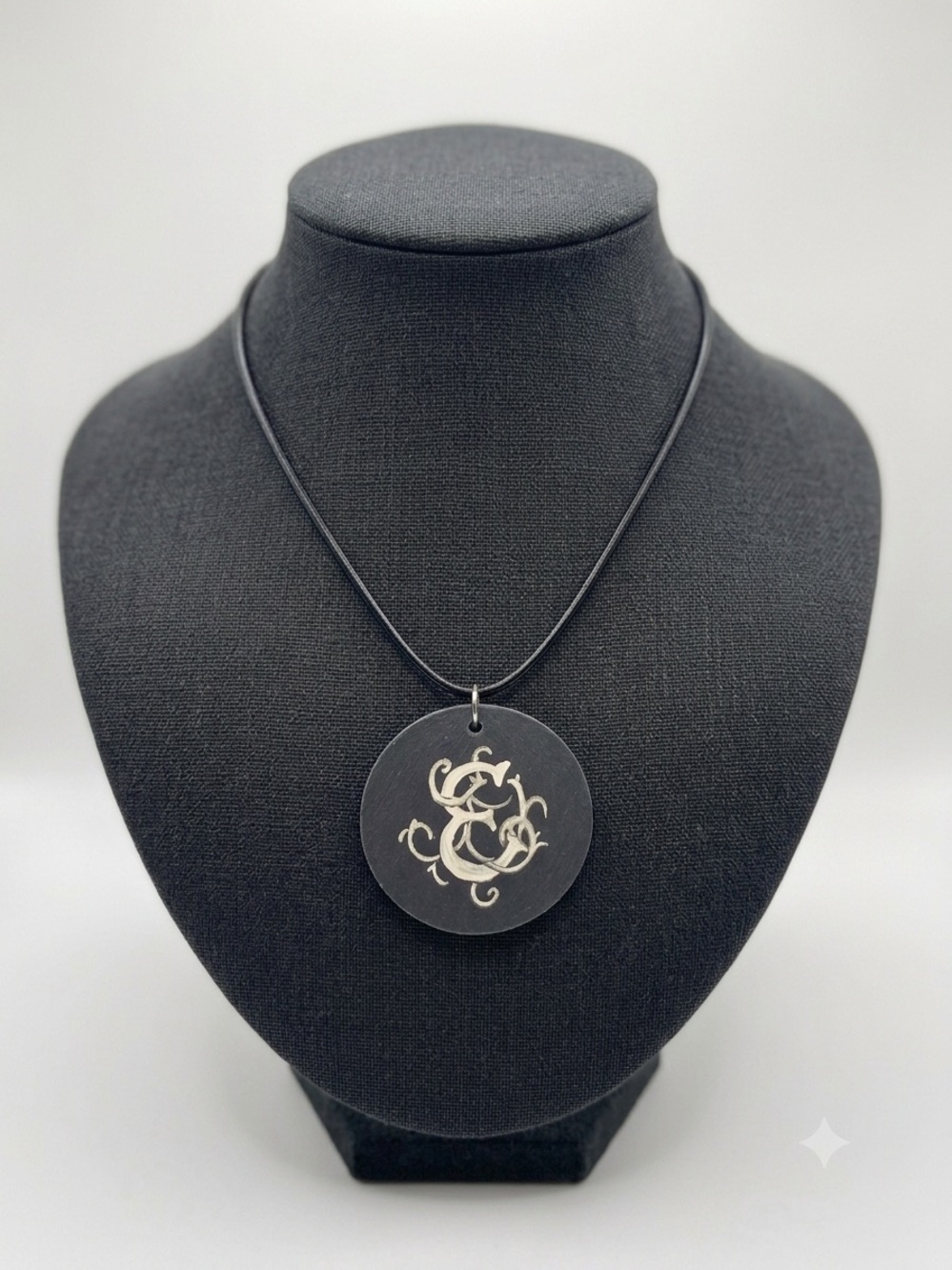Black Round Slate Pendant Necklace with Hand Painted White Monogram “E”